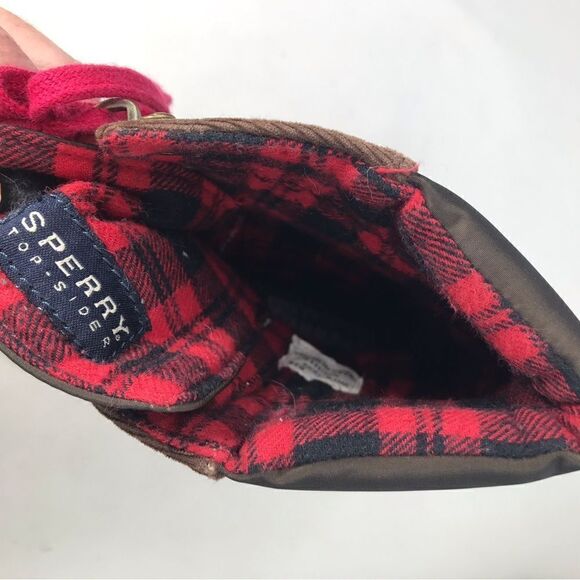 Sperry Top Sider Brown Corduroy Canvas Red Flannel Plaid High Top Sneaker Shoes - Picture 12 of 15